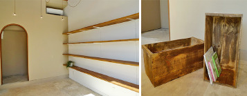 電気 / エアコン / ウッドボックス 壁面可動式棚 設備は、電気/エアコン/ウッドボックス10個と壁面可動式棚(w1200×d300mm)12枚です。